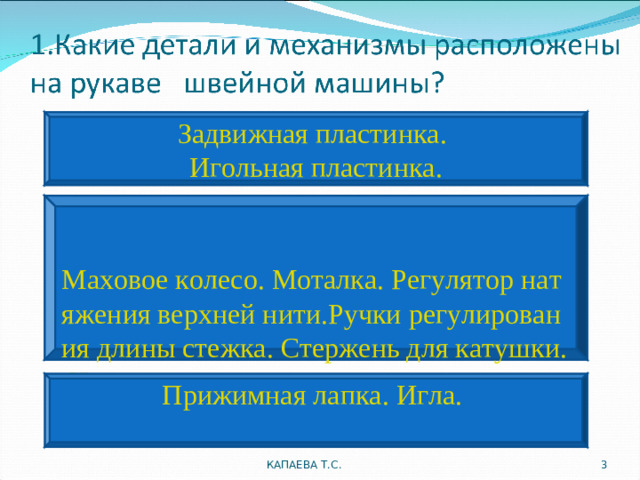 Задвижная пластинка. Игольная пластинка. Маховое колесо. Моталка. Регулятор натяжения верхней нити.Ручки регулирования длины стежка. Стержень для катушки. Нитенаправители. Прижимная лапка. Игла. КАПАЕВА Т.С.