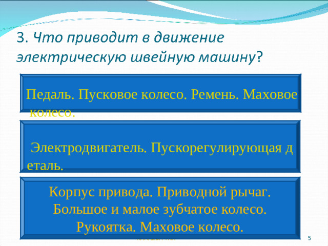 Педаль. Пусковое колесо. Ремень. Маховое колесо. Электродвигатель. Пускорегулирующая деталь. Корпус привода. Приводной рычаг. Большое и малое зубчатое колесо. Рукоятка. Маховое колесо. КАПАЕВА Т.С.