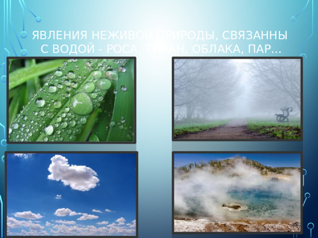 Явления неживой природы, связанны  с водой - роса, туман, облака, пар…