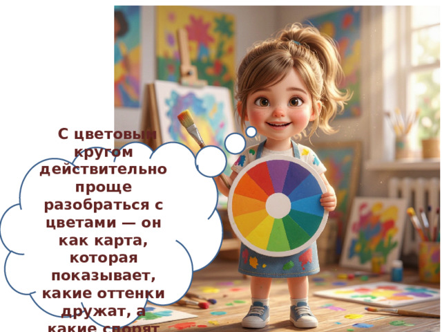   С цветовым кругом действительно проще разобраться с цветами — он как карта, которая показывает, какие оттенки дружат, а какие спорят