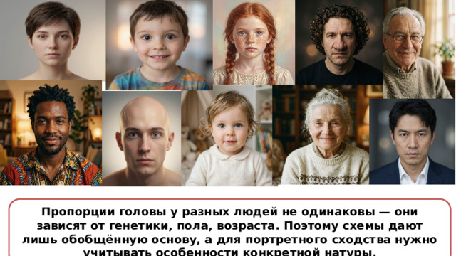 Пропорции головы у разных людей не одинаковы — они зависят от генетики, пола, возраста. Поэтому схемы дают лишь обобщённую основу, а для портретного сходства нужно учитывать особенности конкретной натуры.