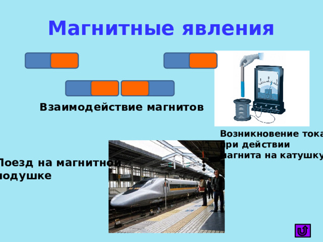 Магнитные явления Взаимодействие магнитов Возникновение тока при действии магнита на катушку Поезд на магнитной подушке