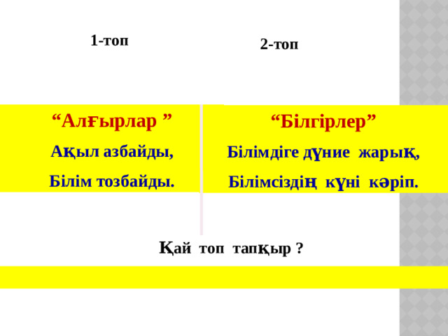 1-топ 2-топ “ Алғырлар ” Ақыл азбайды, Білім тозбайды. “ Білгірлер” Білімдіге дүние жарық, Білімсіздің күні кәріп. Қай топ тапқыр ?