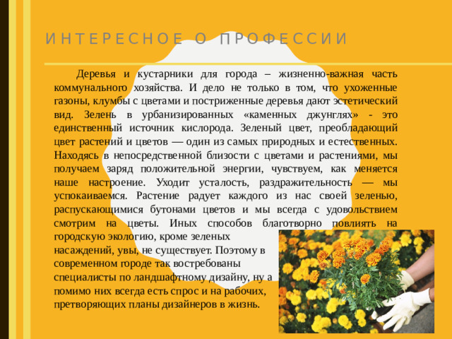 Интересное о профессии  Деревья и кустарники для города – жизненно-важная часть коммунального хозяйства. И дело не только в том, что ухоженные газоны, клумбы с цветами и постриженные деревья дают эстетический вид. Зелень в урбанизированных «каменных джунглях» - это единственный источник кислорода. Зеленый цвет, преобладающий цвет растений и цветов — один из самых природных и естественных. Находясь в непосредственной близости с цветами и растениями, мы получаем заряд положительной энергии, чувствуем, как меняется наше настроение. Уходит усталость, раздражительность — мы успокаиваемся. Растение радует каждого из нас своей зеленью, распускающимися бутонами цветов и мы всегда с удовольствием смотрим на цветы. Иных способов благотворно повлиять на городскую экологию, кроме зеленых насаждений, увы, не существует. Поэтому в современном городе так востребованы специалисты по ландшафтному дизайну, ну а помимо них всегда есть спрос и на рабочих, претворяющих планы дизайнеров в жизнь.