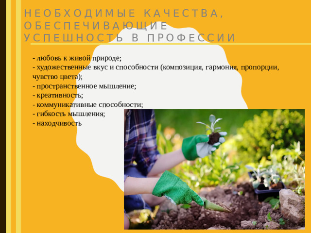 Необходимые качества, обеспечивающие успешность в профессии - любовь к живой природе; - художественные вкус и способности (композиция, гармония, пропорции, чувство цвета); - пространственное мышление; - креативность; - коммуникативные способности; - гибкость мышления; - находчивость