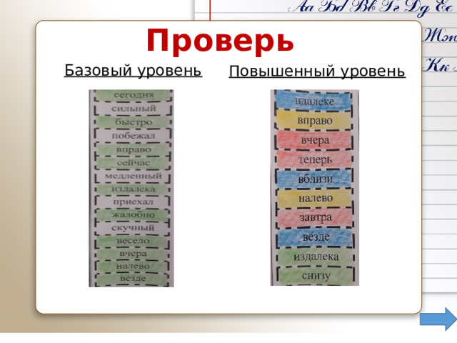 Повышенный уровень Базовый уровень  Закрась  только наречия: Когда?- красный. Где? - синий Куда? – ж ё лтый. Откуда?-зел ё ный сегодня сильный быстро побежал вправо сейчас медленный издалека приехал жалобно скучный весело вчера налево везде круг вдалеке вправо вчера теперь вблизи налево завтра везде утром снизу весной справа издалека там сегодня вечером