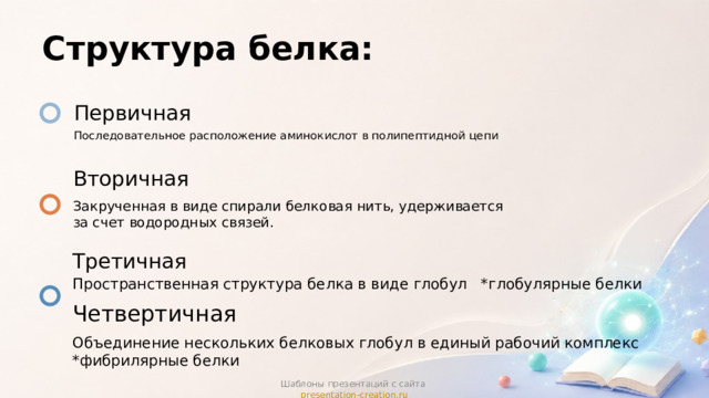Структура белка: Первичная Последовательное расположение аминокислот в полипептидной цепи Вторичная Закрученная в виде спирали белковая нить, удерживается за счет водородных связей. Третичная Пространственная структура белка в виде глобул *глобулярные белки Четвертичная Объединение нескольких белковых глобул в единый рабочий комплекс *фибрилярные белки Шаблоны презентаций с сайта presentation-creation.ru