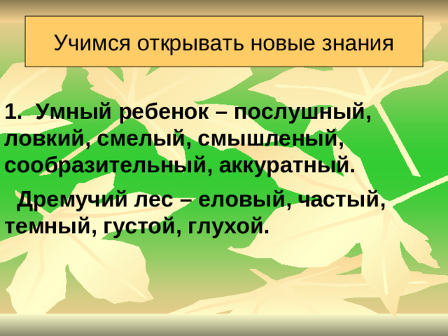 Учимся открывать новые знания 1.  Умный ребенок – послушный, ловкий, смелый, смышленый, сообразительный, аккуратный.  Дремучий лес – еловый, частый, темный, густой, глухой.