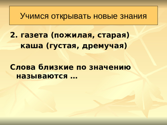 Учимся открывать новые знания 2. газета (пожилая, старая)  каша (густая, дремучая)  Слова близкие по значению называются …
