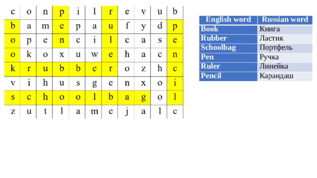 English word Russian word Book Книга Rubber Ластик Schoolbag Портфель Pen Ручка Ruler Линейка Pencil Карандаш