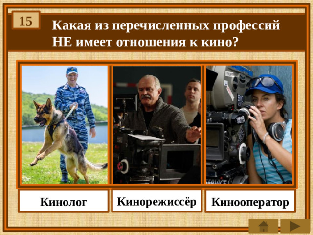 15 Какая из перечисленных профессий НЕ имеет отношения к кино? Кинорежиссёр Кинолог Кинооператор
