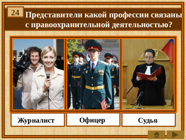 24 Представители какой профессии связаны с правоохранительной деятельностью? Офицер Судья Журналист
