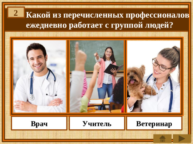 2 Какой из перечисленных профессионалов ежедневно работает с группой людей? Учитель Врач Ветеринар