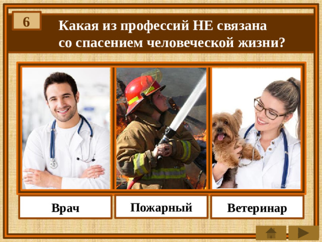6 Какая из профессий НЕ связана со спасением человеческой жизни? Пожарный Ветеринар Врач