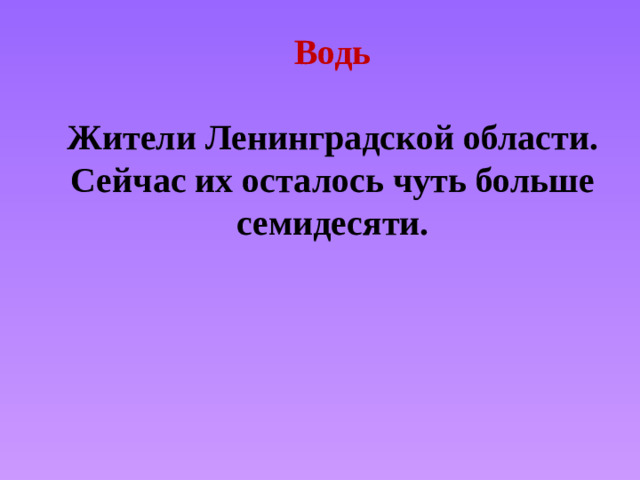 Водь   Жители Ленинградской области. Сейчас их осталось чуть больше семидесяти.