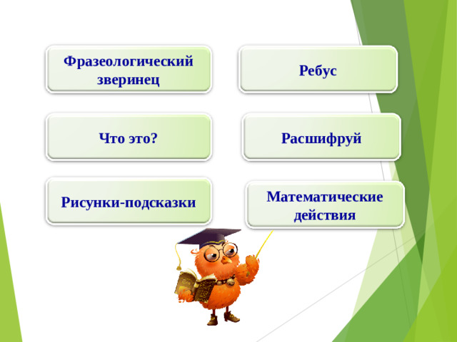 Фразеологический зверинец Ребус Что это? Расшифруй Рисунки-подсказки Математические действия