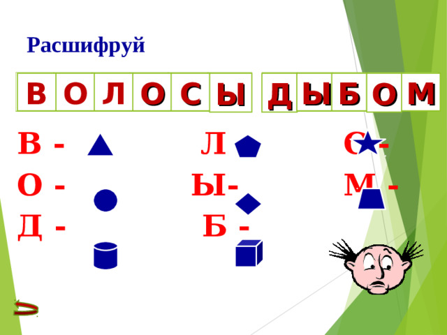 Расшифруй  В О М О Б Ы Д Ы С О Л В - Л - С - О - Ы- М - Д - Б -