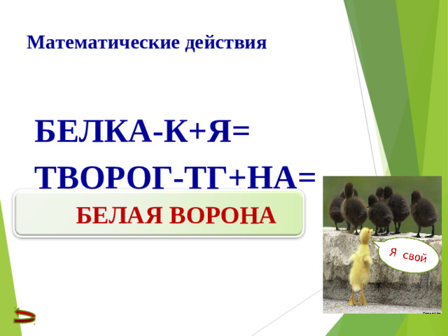Математические действия   БЕЛКА-К+Я= ТВОРОГ-ТГ+НА=  БЕЛАЯ ВОРОНА