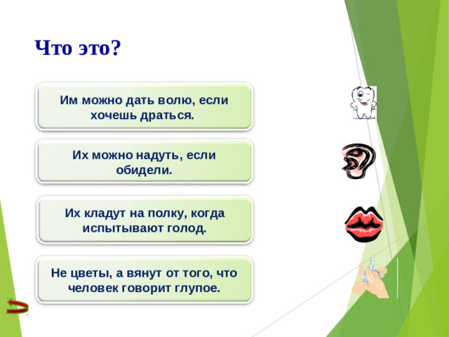 Что это? Им можно дать волю, если хочешь драться. Их можно надуть, если обидели. Их кладут на полку, когда испытывают голод. Не цветы, а вянут от того, что человек говорит глупое.