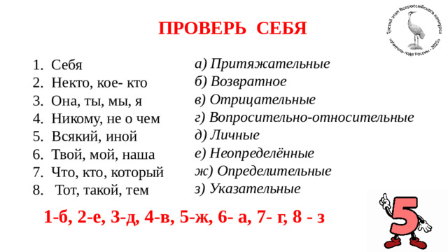 ПРОВЕРЬ СЕБЯ а) Притяжательные б) Возвратное в) Отрицательные г) Вопросительно-относительные д) Личные е) Неопределённые  ж) Определительные з) Указательные Себя Некто, кое- кто Она, ты, мы, я Никому, не о чем Всякий, иной Твой, мой, наша Что, кто, который  Тот, такой, тем 1-б, 2-е, 3-д, 4-в, 5-ж, 6- а, 7- г, 8 - з