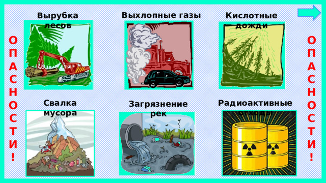 Выхлопные газы Вырубка лесов Кислотные дожди О  П  А  С  Н  О  С  Т  И О  П  А  С  Н  О  С  Т  И ! ! Радиоактивные отходы Свалка мусора Загрязнение рек