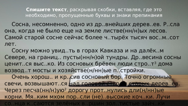 Спишите текст , раскрывая скобки, вставляя, где это необходимо, пропущенные буквы и знаки препинания  Сосна, несомненно, одно из др..внейших дерев..ев. Р..сла она, когда не было еще на земле листве(нн/н)ых лесов. Самой старой сосне сейчас более ч..тырёх тысяч вос..м..сот лет.   Сосну можно увид..ть в горах Кавказа и на далёк..м Севере, на границ.. пусты(нн/н)ой тундры. Др..весина сосны ценит..ся выс..ко. Из сосновых брёвен люди стро..т 3  дома возвод..т мосты и хозяйстве(н/нн)ые п..стройки.   Очень хорош.. и кр..сив сосновый бор. Точно огромные свечи, возвышают..ся над головой стволы старых дерев..ев. Через песча(нн/н)ую 2  дорогу прот..нулись дли(н/нн)ые корни. Мя..ким мхом пор..сли (не)..высокие коч..ки. Лучи со..нца к..саются зелёных в..ршин зол..тистые зайч..ки играют на стволах дерев..ев.   Чистых сосновых боров осталось теперь мало. Уц..лели о..дельные старые сосны. Точно великаны, стоят они среди м..л..дого леса. © Copyright PresentationGO.com – Free Templates & Infographics for PowerPoint and Google Slides