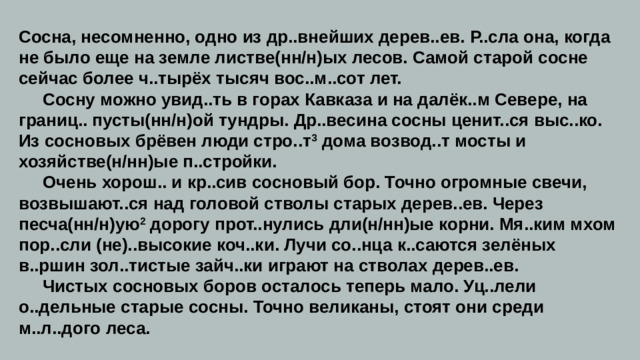 Сосна, несомненно, одно из др..внейших дерев..ев. Р..сла она, когда не было еще на земле листве(нн/н)ых лесов. Самой старой сосне сейчас более ч..тырёх тысяч вос..м..сот лет.   Сосну можно увид..ть в горах Кавказа и на далёк..м Севере, на границ.. пусты(нн/н)ой тундры. Др..весина сосны ценит..ся выс..ко. Из сосновых брёвен люди стро..т 3  дома возвод..т мосты и хозяйстве(н/нн)ые п..стройки.   Очень хорош.. и кр..сив сосновый бор. Точно огромные свечи, возвышают..ся над головой стволы старых дерев..ев. Через песча(нн/н)ую 2  дорогу прот..нулись дли(н/нн)ые корни. Мя..ким мхом пор..сли (не)..высокие коч..ки. Лучи со..нца к..саются зелёных в..ршин зол..тистые зайч..ки играют на стволах дерев..ев.   Чистых сосновых боров осталось теперь мало. Уц..лели о..дельные старые сосны. Точно великаны, стоят они среди м..л..дого леса.
