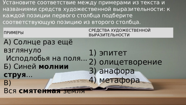 Установите соответствие между примерами из текста и названиями средств художественной выразительности: к каждой позиции первого столбца подберите соответствующую позицию из второго столбца. ПРИМЕРЫ СРЕДСТВА ХУДОЖЕСТВЕННОЙ ВЫРАЗИТЕЛЬНОСТИ A) Солнце раз ещё взглянуло   Исподлобья на поля...  Б) Синей  молнии струя ...  B) Вся  смятенная  земля 1) эпитет  2) олицетворение  3) анафора  4) метафора © Copyright PresentationGO.com – Free Templates & Infographics for PowerPoint and Google Slides