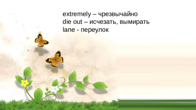 extremely – чрезвычайно die out – исчезать, вымирать lane - переулок