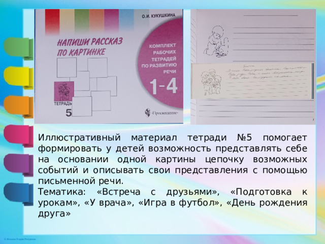Иллюстративный материал тетради №5 помогает формировать у детей возможность представлять себе на основании одной картины цепочку возможных событий и описывать свои представления с помощью письменной речи. Тематика: «Встреча с друзьями», «Подготовка к урокам», «У врача», «Игра в футбол», «День рождения друга»