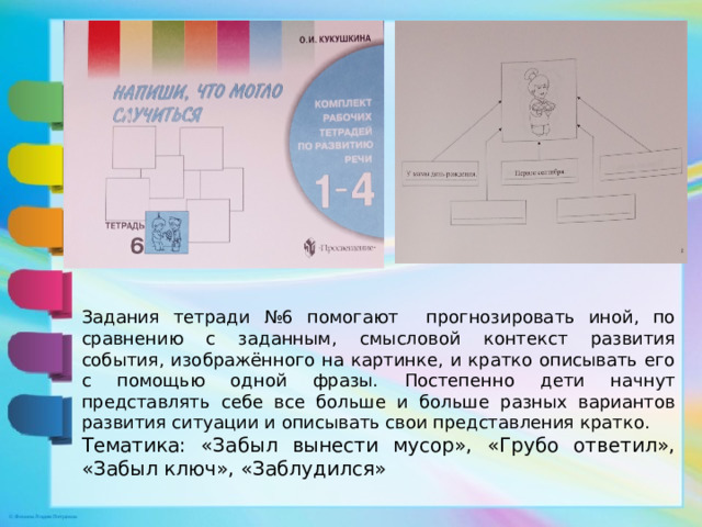 Задания тетради №6 помогают прогнозировать иной, по сравнению с заданным, смысловой контекст развития события, изображённого на картинке, и кратко описывать его с помощью одной фразы. Постепенно дети начнут представлять себе все больше и больше разных вариантов развития ситуации и описывать свои представления кратко. Тематика: «Забыл вынести мусор», «Грубо ответил», «Забыл ключ», «Заблудился»