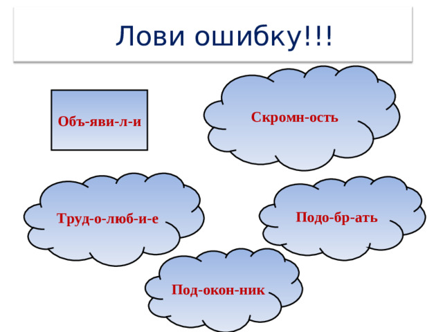 Лови ошибку!!! Скромн-ость Объ-яви-л-и Труд-о-люб-и-е Подо-бр-ать Под-окон-ник
