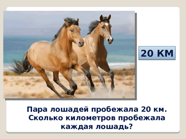 20 км Пара лошадей пробежала 20 км. Сколько километров пробежала каждая лошадь?