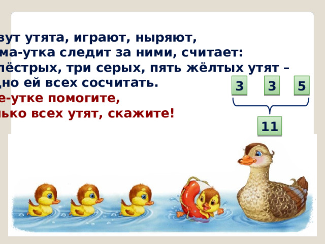 Плывут утята, играют, ныряют, А мама-утка следит за ними, считает: Три пёстрых, три серых, пять жёлтых утят – Трудно ей всех сосчитать. Маме-утке помогите, Сколько всех утят, скажите! 3 3 5 11