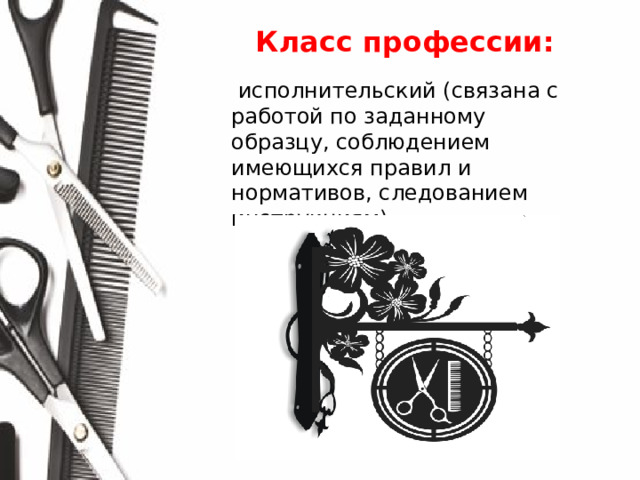Класс профессии:  исполнительский (связана с работой по заданному образцу, соблюдением имеющихся правил и нормативов, следованием инструкциям).