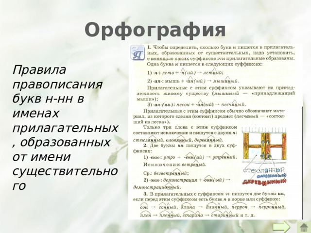 Орфография Правила правописания букв н-нн в именах прилагательных, образованных от имени существительного