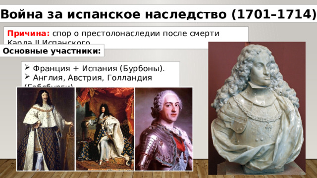Война за испанское наследство (1701–1714) Причина: спор о престолонаследии после смерти Карла II Испанского. Основные участники: