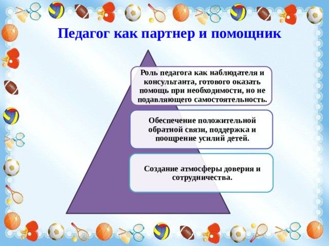 Педагог как партнер и помощник Роль педагога как наблюдателя и консультанта, готового оказать помощь при необходимости, но не подавляющего самостоятельность. Обеспечение положительной обратной связи, поддержка и поощрение усилий детей. Создание атмосферы доверия и сотрудничества.