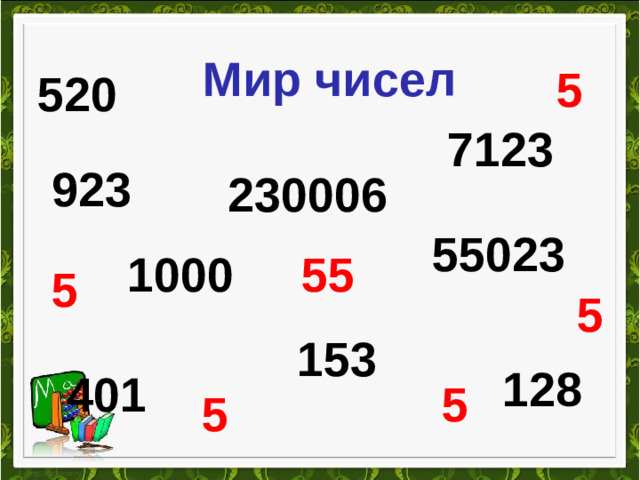 Мир чисел 5 520 7123 923 230006 55023 1000 55 5 5 153 128 401 5 5