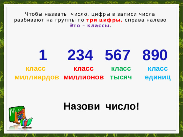 Чтобы назвать число, цифры в записи числа разбивают на группы по три цифры, справа налево  Это – классы . 1 234 567 890 класс класс класс миллионов класс миллиардов единиц тысяч Назови число!