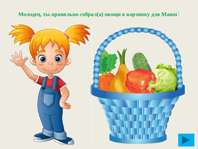 Молодец, ты правильно собрал(а) овощи в корзинку для Маши !