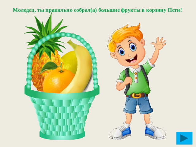 Молодец, ты правильно собрал(а) большие фрукты в корзину Пети!