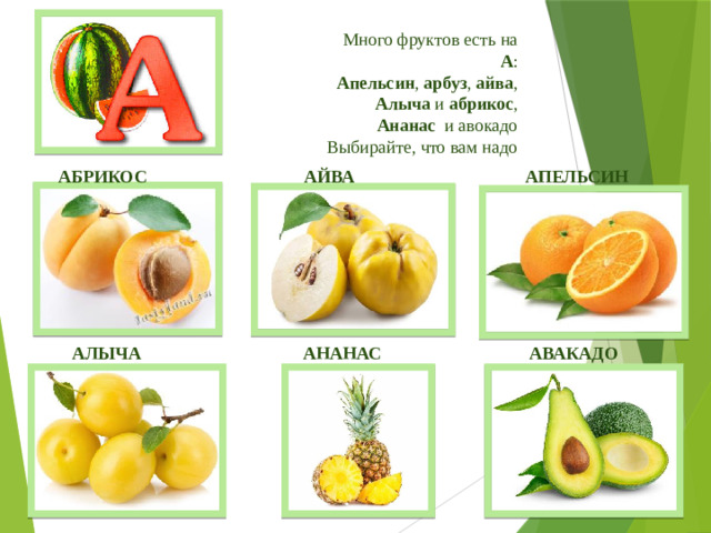 Много фруктов есть на А :   Апельсин , арбуз , айва ,   Алыча и абрикос ,   Ананас и авокадо  Выбирайте, что вам надо   АБРИКОС АЙВА АПЕЛЬСИН  АЛЫЧА АНАНАС АВАКАДО