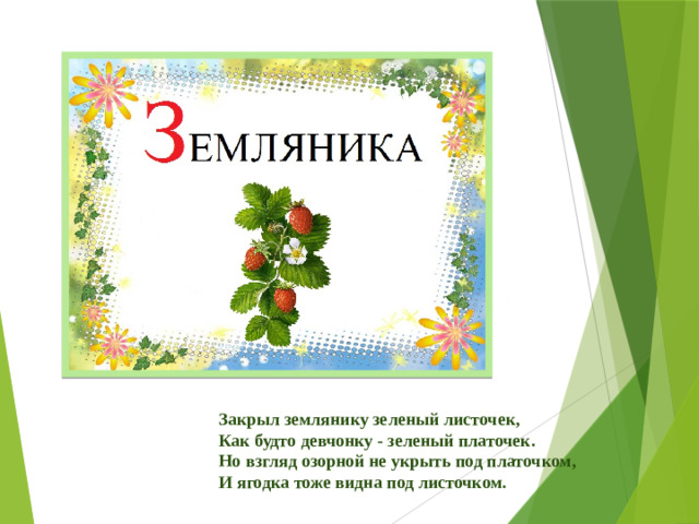 Закрыл землянику зеленый листочек,  Как будто девчонку - зеленый платочек.  Но взгляд озорной не укрыть под платочком,  И ягодка тоже видна под листочком.