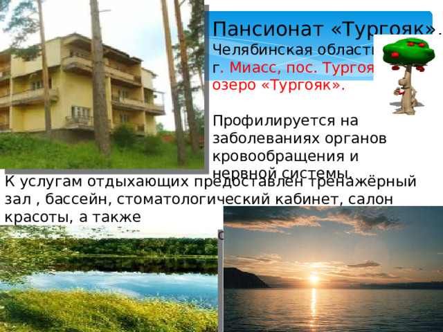 Пансионат «Тургояк». Челябинская область, г . Миасс, пос. Тургояк, озеро «Тургояк». Профилируется на заболеваниях органов кровообращения и нервной системы. К услугам отдыхающих предоставлен тренажёрный зал , бассейн, стоматологический кабинет, салон красоты, а также библиотека и парикхмахерская.