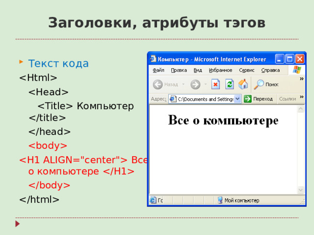 Заголовки, атрибуты тэгов Текст кода      Компьютер       Все о компьютере