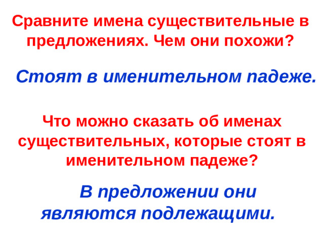 Сравните имена существительные в предложениях. Чем они похожи ? Стоят в именительном падеже. Что можно сказать об именах существительных, которые стоят в именительном падеже ?  В предложении они являются подлежащими.