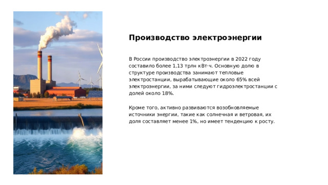 Производство электроэнергии В России производство электроэнергии в 2022 году составило более 1,13 трлн кВт·ч. Основную долю в структуре производства занимают тепловые электростанции, вырабатывающие около 65% всей электроэнергии, за ними следуют гидроэлектростанции с долей около 18%. Кроме того, активно развиваются возобновляемые источники энергии, такие как солнечная и ветровая, их доля составляет менее 1%, но имеет тенденцию к росту.