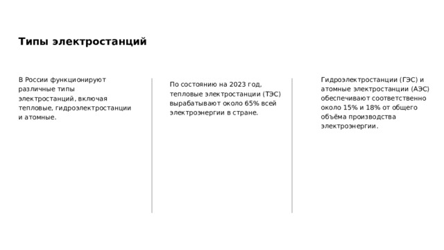 Типы электростанций В России функционируют различные типы электростанций, включая тепловые, гидроэлектростанции и атомные. По состоянию на 2023 год, тепловые электростанции (ТЭС) вырабатывают около 65% всей электроэнергии в стране. Гидроэлектростанции (ГЭС) и атомные электростанции (АЭС) обеспечивают соответственно около 15% и 18% от общего объёма производства электроэнергии.