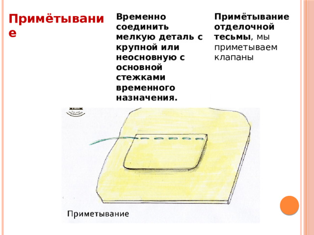 Примётывание Временно соединить мелкую деталь с крупной или неосновную с основной стежками временного назначения. Примётывание отделочной тесьмы , мы приметываем клапаны
